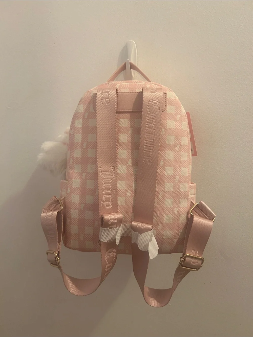 Juicy Couture Pink Gingham Mini Backpack with Fluffy Pom Charm